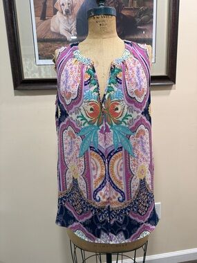 Rose + Olive Sleeveless Floral Paisley Print Tank Top - Pink/Blue